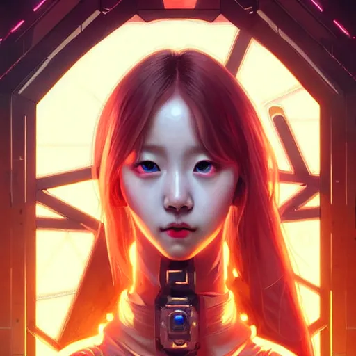 Image similar to portrait painting of cyberpunk chuu from loona as a happy mercenary, ultra realistic, concept art, intricate details, eerie, highly detailed, photorealistic, octane render, 8 k, unreal engine. art by artgerm and greg rutkowski and magali villeneuve and alphonse mucha