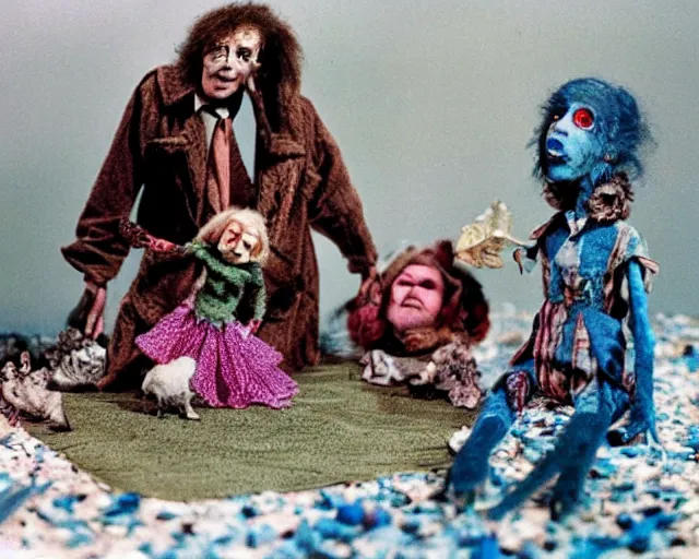 Image similar to still from a full - color 1 9 8 5 cute live - action stop - motion puppetry film by the brothers quay, involving cotton and gemstones, inside elaborate dioramas.