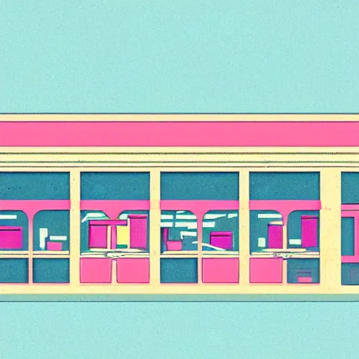 Prompt: art deco illustration of a gaming storefront in a mall in pastel colors