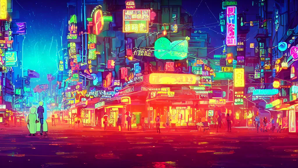 Prompt: animated film still, a vibrant and colorful alien city at night, light rain, dim neon lights, bokeh, dramatic depth of field, award-winning animated short film inspired by Studio Ghibli