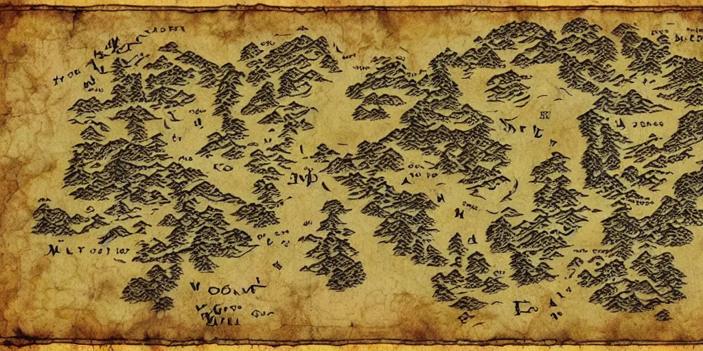 Image similar to Map of the realm of the wolf crew. Wolf face map. wolves. Ancient magic, medieval fantasy map, mountains, islands, forests. Map-style Skyrim, Lord of the rings map, zelda breath of the wild map, video game style, drawing on a parchment