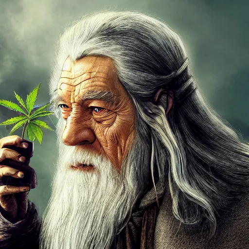 Prompt: Gandalf from the hobbit holding a marijuana plant, amazing digital art, trending on artstation, highly detailed