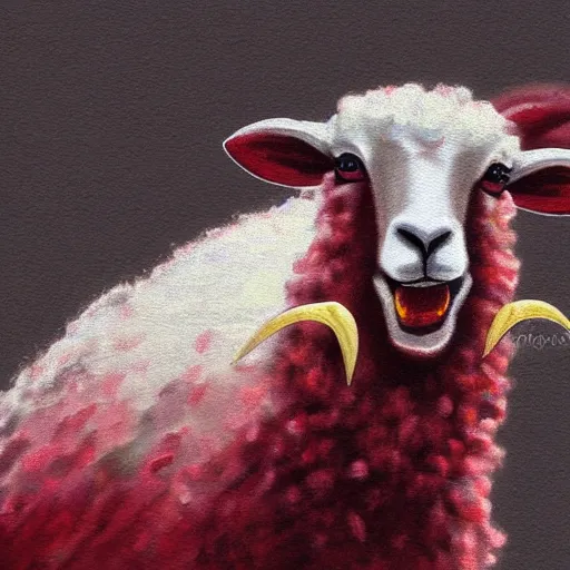 Prompt: Sheep with red whool and pointy vampire teeth, ambient lighting, highly detailed, mystic, tpg artwork