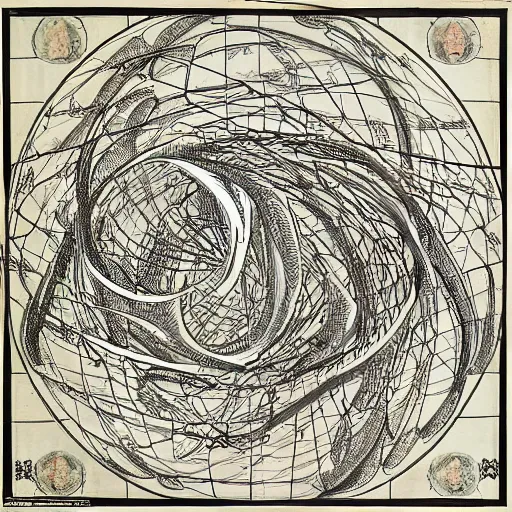 Prompt: The map is covered in intricate drawings and symbols that appear to depict the flow of some sort of energy or substance. The center of the map is dominated by a large spiral, with lines emanating out from it in all directions. There are three main sections to the map: the left side, the right side, and the middle. The left side appears to be a series of interconnected chambers, while the right side is a series of mazes. The middle section is a series of interlocking gears.