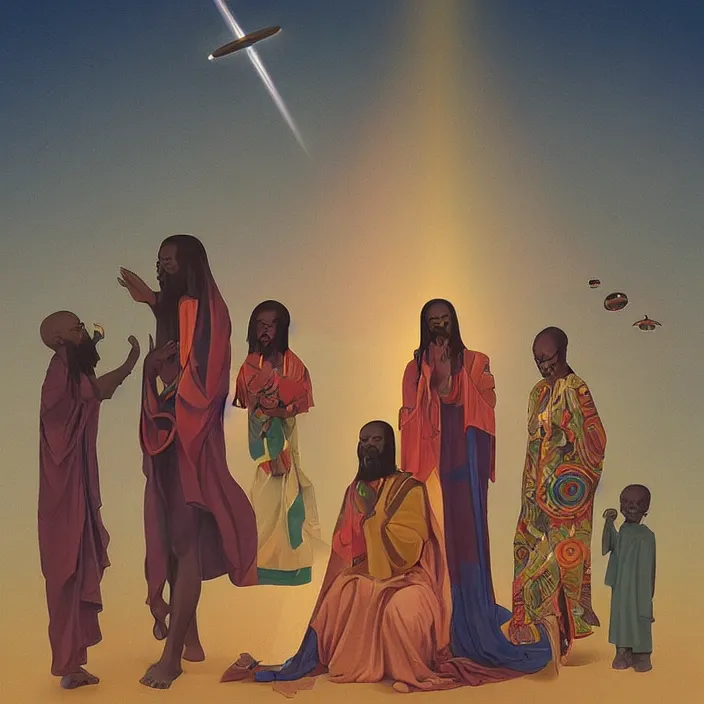 Image similar to many UFOs hovering over an African Jesus, painting by Hsiao-Ron Cheng,