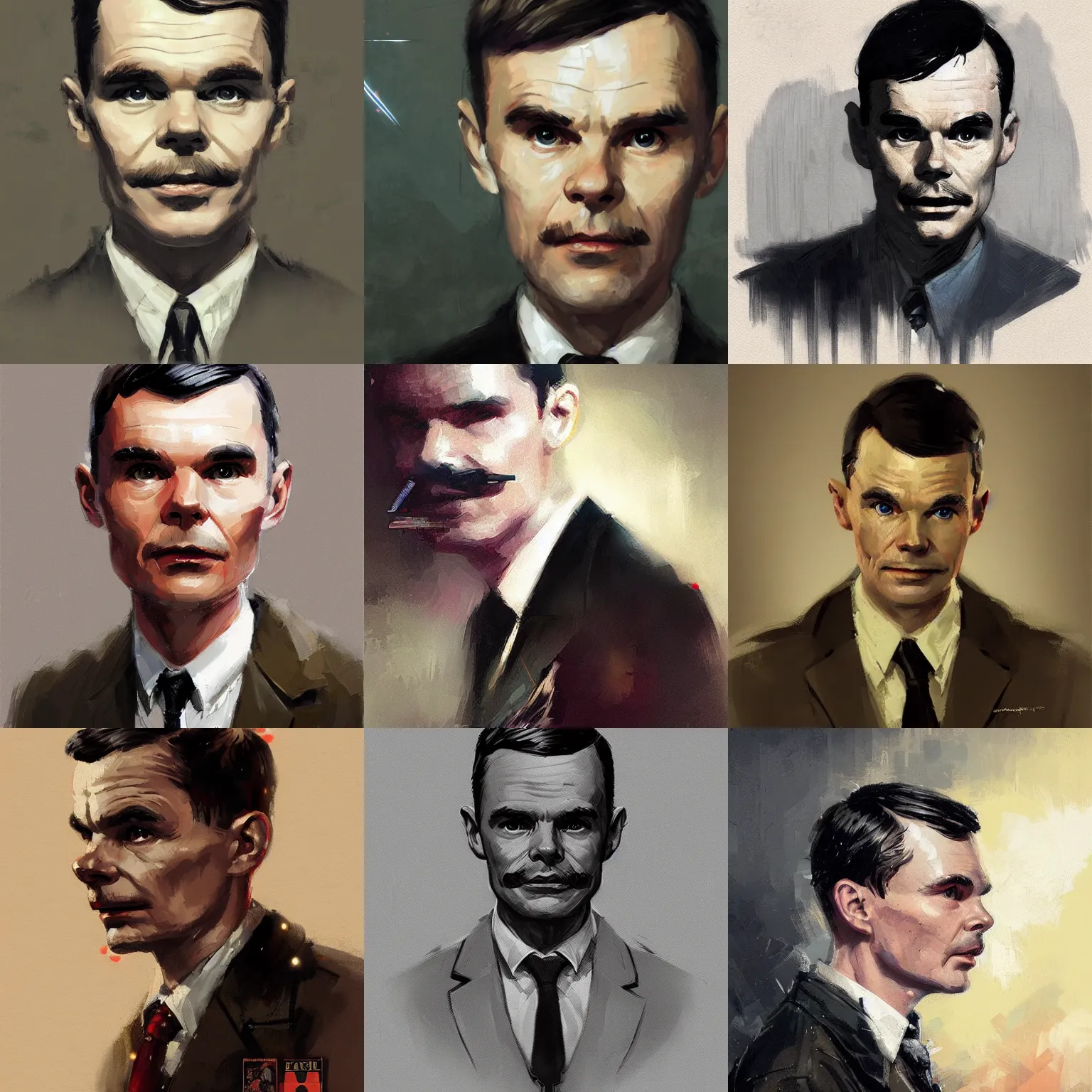 Prompt: portrait of alan turing by greg rutkowski, british features, short black hair in military style, moustache, tall, star wars expanded, universe, artstation hq