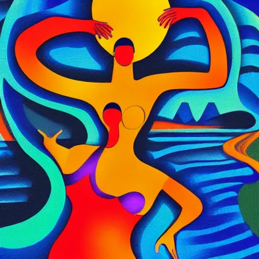 Image similar to woman woman danced by the river as the sun rose behind the mountains , high quality digital art in the style of cubism and georgia o’ keefe,