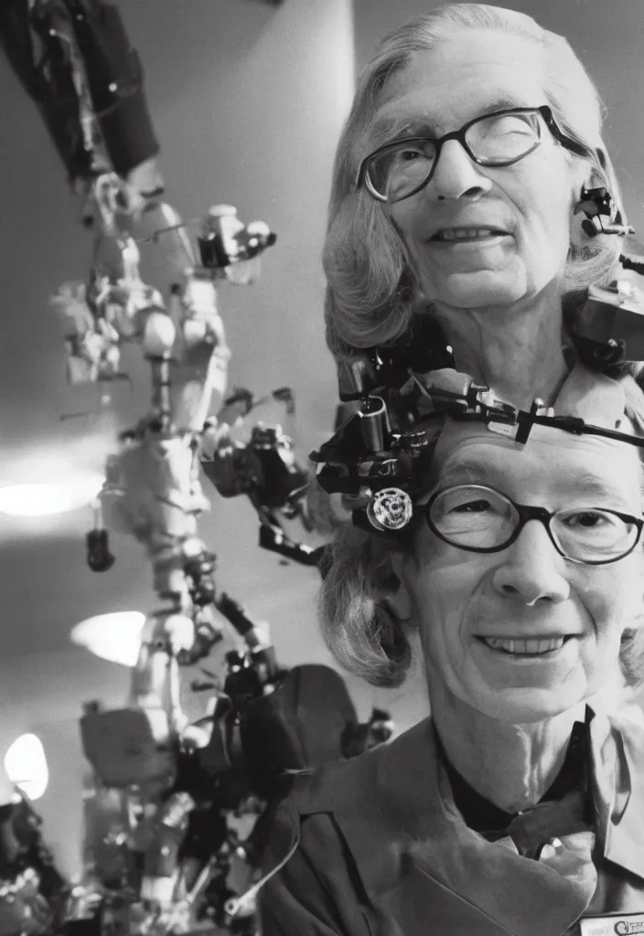 Prompt: photograph of Grace Hopper with cybernetic implants