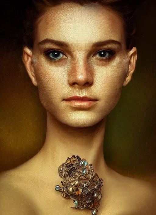 Image similar to a highly detailed photo of very intricate female face portrait, futurism, rococo cyber neon lighting, detailed futuristic fibonacci jewelry, profile posing, hyper photorealistic, trending in pinterest, cinematic, 4 k ultra hd, by denis villeneuve tom anders zorn hans dragan bibin thoma greg rutkowski ismail inceoglu illustrated sand storm alphonse mucha