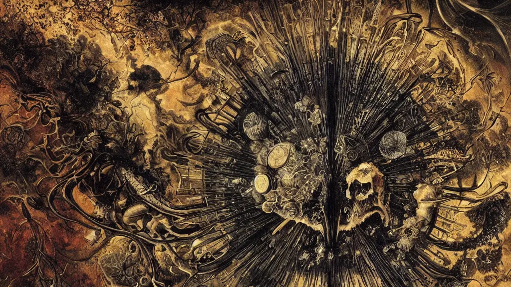 Prompt: a beautiful painting of a coronavirus inside a television screen, dark, sinister, detailed, high contrast, art by Ernst Haeckel and Greg Rutkowski