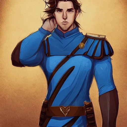 Image similar to a young man with shoulder length brown hair, with a scar on his forehead. blue uniform. serious expression, handsome, rugged, kaladin stormblessed, way of kings, artgerm, portrait, sketch, rpg, dnd