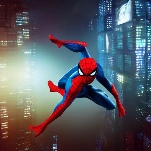 Image similar to A hyperdetailed photograph of Spider-Man swinging through the skies of a cyberpunk, futuristic city, night, dense fog, rain, HD, 8K resolution