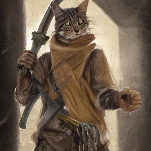 Image similar to a high detail shot of a dirty, homeless cat wielding a sword, realism, 8 k, fantasy, d & d, concept art