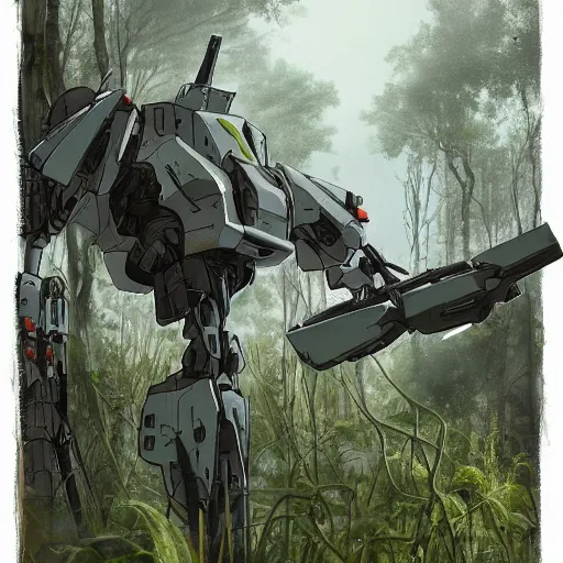 Image similar to a peaceful battle mech that has become overgrown by plants and cordyceps hiking out in nature, painting, haunting, beautiful, realism