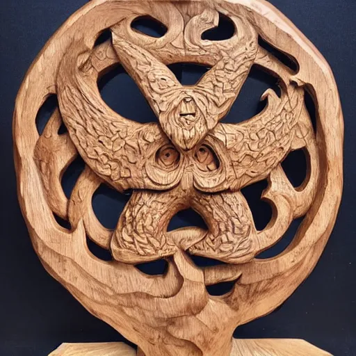 Prompt: Detailed oak wood carving sculpture of Cthulhu with a pentagram in the mountains, rocky mountains at night with campfire