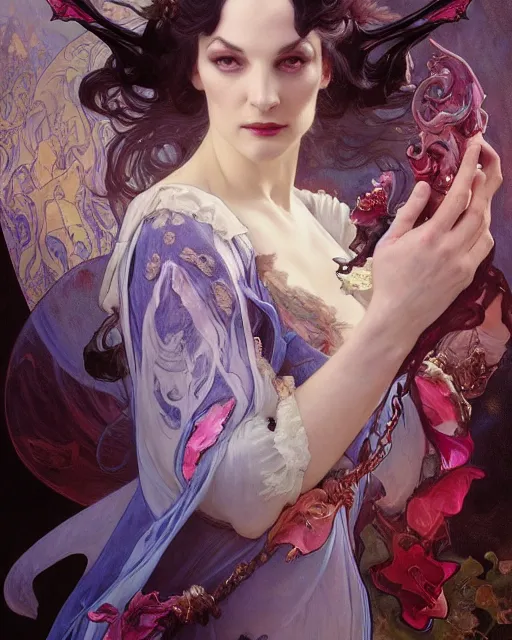 Image similar to wlop and daniel gerhartz and alfons mucha detailed portrait digital rococo painting of a beautiful serious villainess wearing fantasy clothing like liliana vess, villainess has black angel wings, evil mood, hellish battlefield in the background, embers flying, unreal engine, hyper realism, realistic shading, cinematic composition, blender render, octane render, ultrawide shot