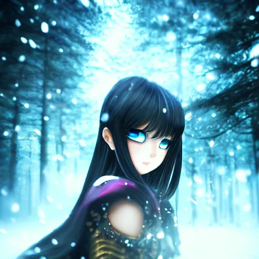 Image similar to focus face portrait of beautiful darkness knight 3D anime girl, golden armor wearing, dark forest background, snowing, bokeh, inspired by Masami Kurumada, digital painting, high contrast, unreal engine render, volumetric lighting, high détail