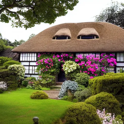 Image similar to photo of a cozy English cottage with Japanese roof, flower garden