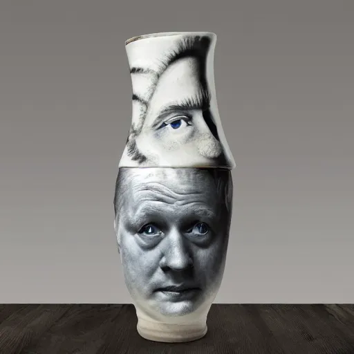 Image similar to beautiful studio photograph of a ceramics display with a portrait of boris johnson painted by hans holbein painted onto a tall angular stoneware vase with handles placed on a tablecloth on a wooden table, hyperrealism 8 k trending on artstation