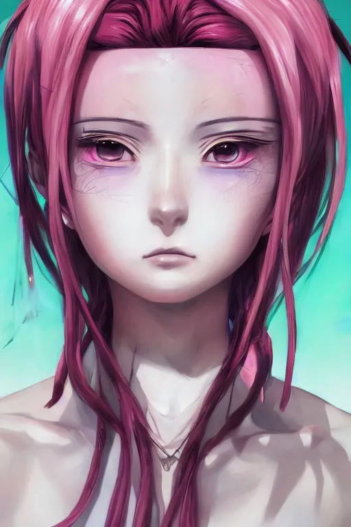 Image similar to portrait of an anime manga girl with pink and white dreads, straight on portrait, by artgerm, james jean, tom bagshaw, gerald brom, vaporwave colors, lofi colors, vaporwave, lofi, goth vibe, 4 k, smooth, hd, substance designer render, full body character concept art, symmetrical, perfect face, detailed face,