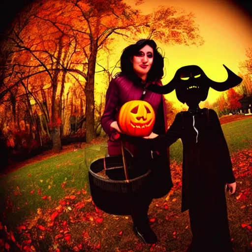 Image similar to a selfie of a woman trick - or - treating with a demon, fisheye lens photography, with a spooky filter applied, with a figure in the background, in a halloween style.