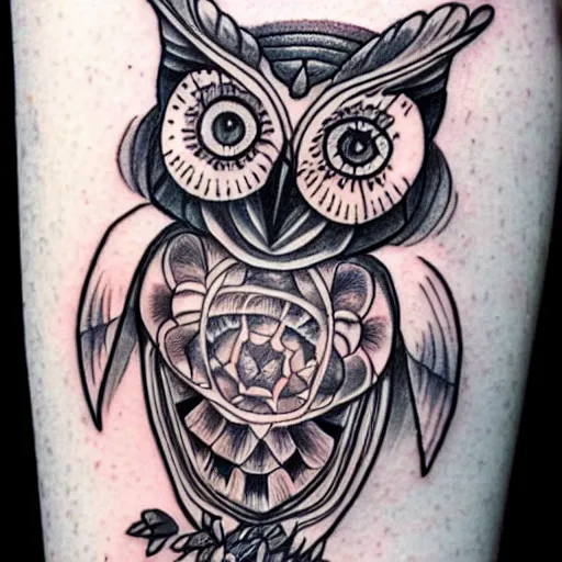 Prompt: a tattoo drawing of an owl and a butterfly