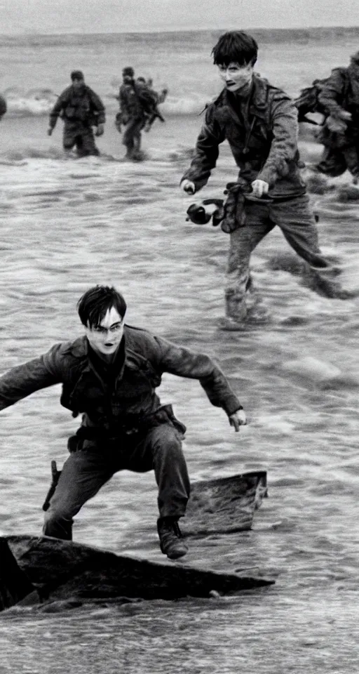 Prompt: film still of Daniel Radcliffe storming Normandy beach in Saving Private Ryan