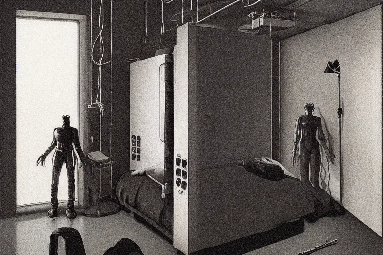 Prompt: IKEA catalogue photo, cyberpunk teenager bedroom, robots, by Beksiński