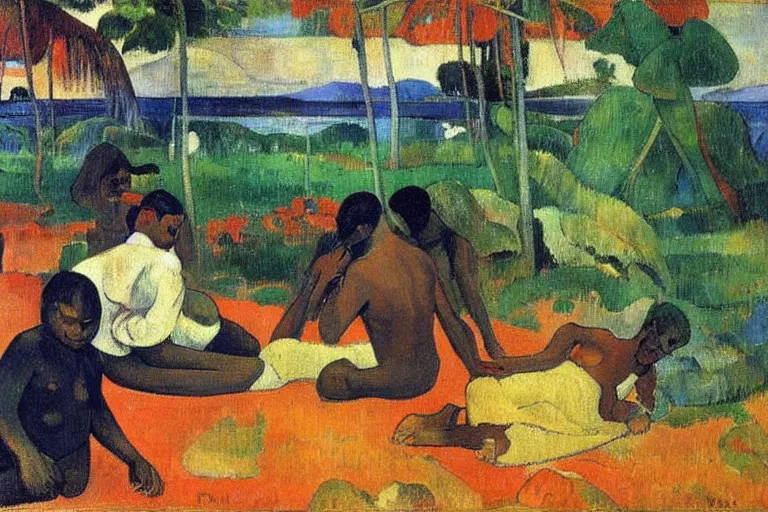 Image similar to there is another world very close to ours that we don't perceive directly, but they do interact sometimes. painting by paul gauguin ( 1 9 0 0 )