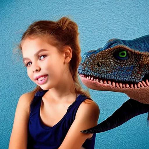 Prompt: girl with a pet dinosaur, cute,