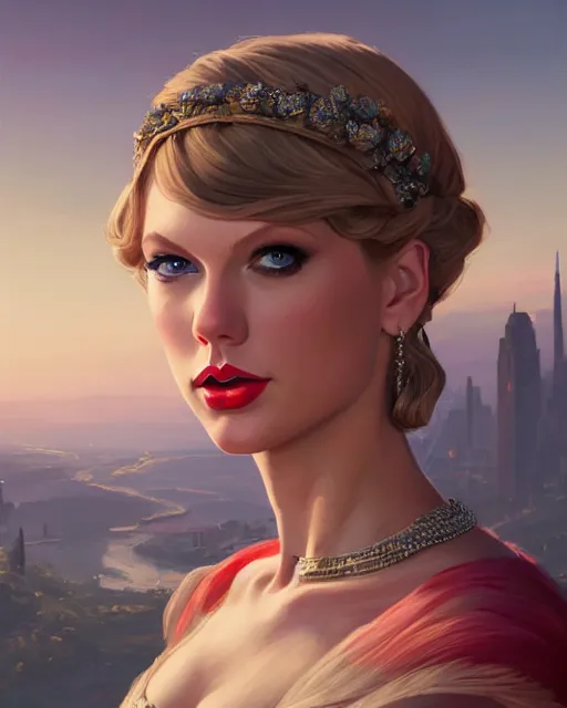 Image similar to portrait of taylor swift as an elegant renaissance goddess, in gta v, stephen bliss, unreal engine, by greg rutkowski, loish, rhads, makoto shinkai and lois van baarle, ilya kuvshinov, rossdraws, global illumination, radiant ligh!! t, detailed and intricate environment