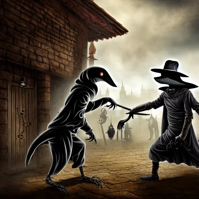 Image similar to plague doctor warrior confronting a giant plague rat, highly detailed, 8 k, hdr, smooth, sharp focus, high resolution, award - winning photo