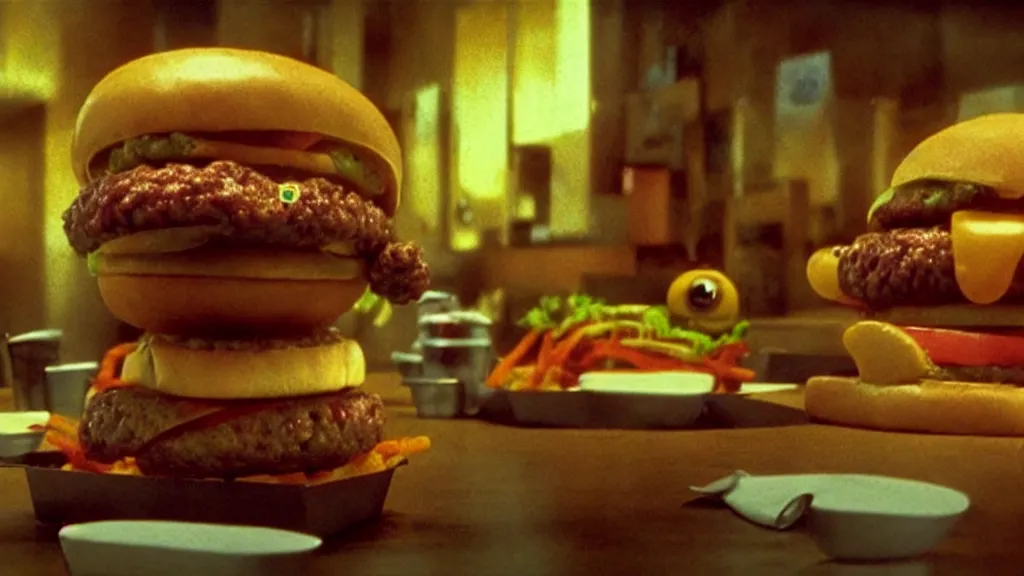 Image similar to the strange cheeseburger creature at the fast food place, film still from the movie directed by denis villeneuve and david cronenberg with art direction by salvador dali and zdzisław beksinski, wide lens