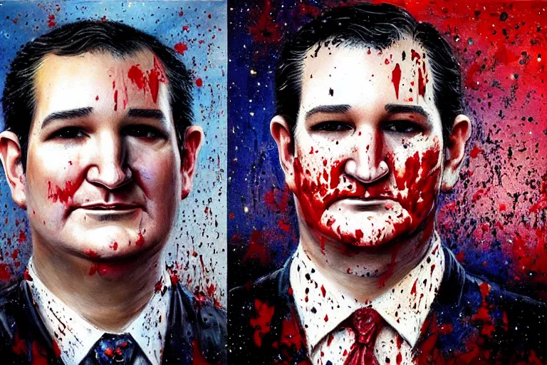 Image similar to portrait of ted cruz wearing burlap bloodsplattered as the zodiac killer at night, an oil painting by ross tran and thomas kincade