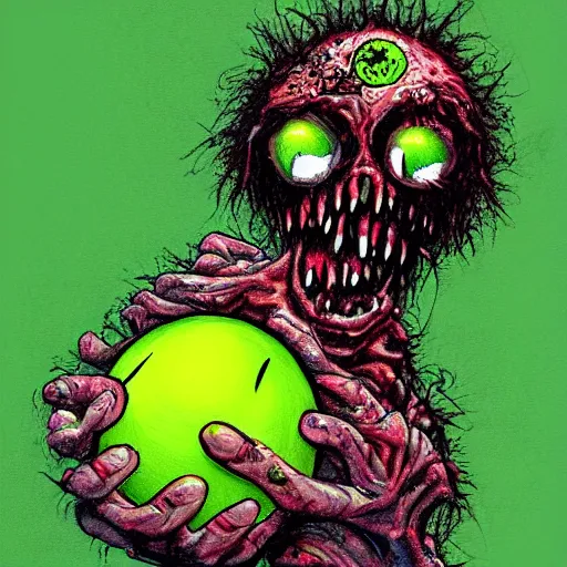 Prompt: a tennis ball monster ,tennis ball,zombie ,chalk digital art, fantasy, magic, trending on artstation, ultra detailed, professional illustration by Basil Gogos