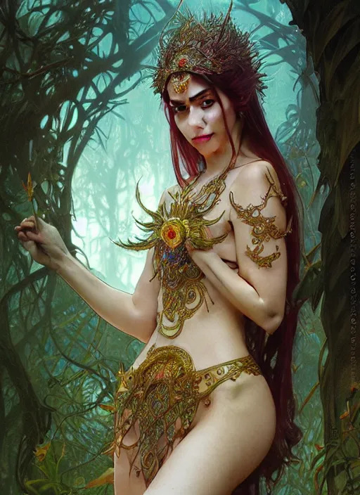 Image similar to kuntilanak on tree, d & d, wet, shiny, fantasy, intricate, elegant, higly detailed, ultra definition, digital painting, artstation, concept art, smooth, sharp focus, illustration, art by artgerm and greg rutkowski and alphonse mucha and garis edelweiss