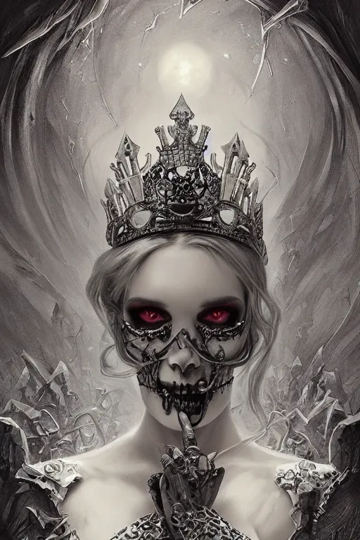 Image similar to skull queen with an origami crown, hints of silver jewelry, gothic, eerie, intricate detail, dramatic lighting, mist, grey, 4k, fantasy, intricate, very very beautiful, elegant, highly detailed, digital painting, artstation, concept art, smooth, sharp focus, illustration, art by artgerm and greg rutkowski and alphonse mucha