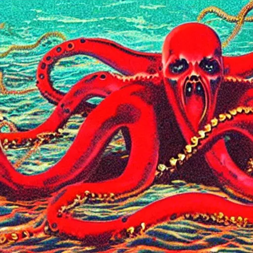 Image similar to the anti - christ rising from a red ocean with slimy tentacles. color detailed photograph from a 1 9 9 0 s horror movie.