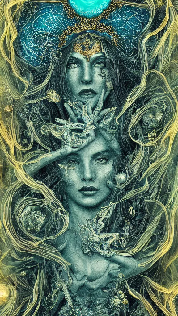 Prompt: Tarot card of the Cannabis Goddess, highly detailed portrait, psychedelic, high fantasy, teal paper, smoke swirls, ultra-detailed, ornate, elaborate, intricate metallic details, mixed media, realistic composition, point of interest at golden ratio, light from top, more darkness on bottom, high quality of sketching, highly detailed, octane render, 8k