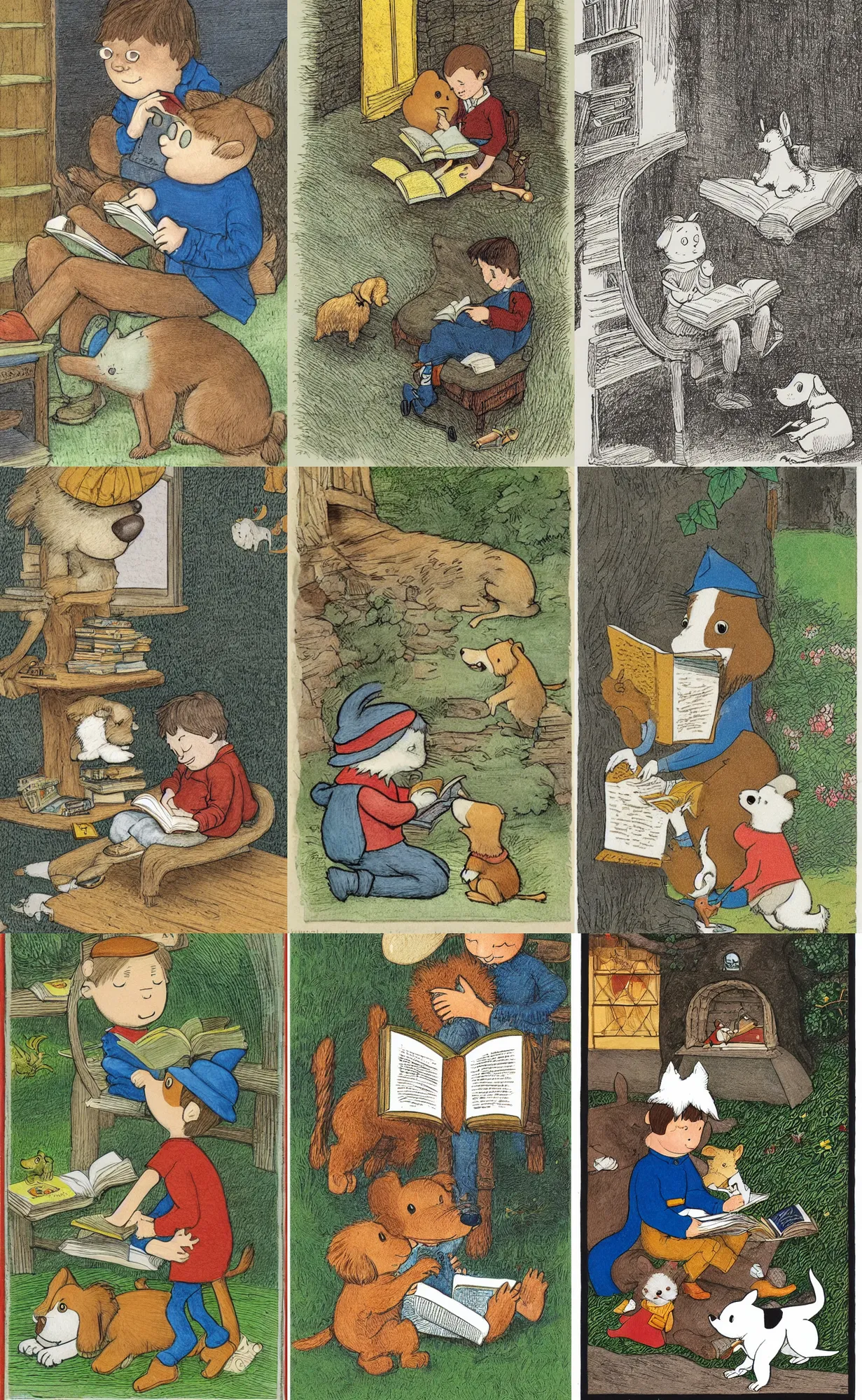 Prompt: illustration : boy with dog reading a book. maurice sendak, beatrix potter, clement hurd, e. h. beatrice blue, julia sarda, pauline baynes, richard scarry, leo lionni. highly detailed 8 k. intricate.