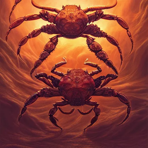 Image similar to photorealistic crab people in the style of michael whelan and gustave dore. hyperdetailed photorealism, 1 0 8 megapixels, amazing depth, glowing rich colors, powerful imagery, psychedelic overtones, 3 d finalrender, 3 d shading, cinematic lighting, artstation concept art