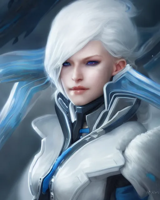 Prompt: perfect white haired girl, warframe armor, beautiful, pretty face, blue eyes, detailed, windy weather, scifi, platform, laboratory, experiment, 4 k, ultra realistic, epic lighting, high detail, masterpiece, by akihito tsukushi, charlie bowater, ross tran