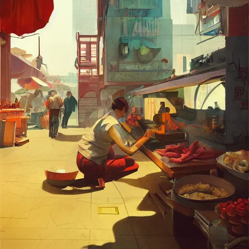 Image similar to low angle view of a butcher working,, asymmetrical, organic painting, matte painting, bold shapes, hard edges, street art, trending on artstation, by huang guangjian and gil elvgren and sachin teng, from below, worms - eye - view, close - up!!!!! low angle!!!!