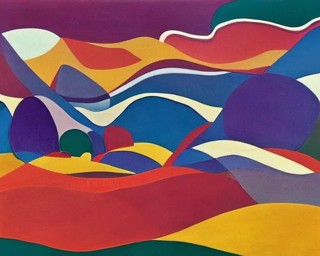 Image similar to A wild, insane, modernist landscape painting. Wild energy patterns rippling in all directions. Curves, organic, zig-zags. Saturated color. Mountains. Clouds. Rushing water. Wayne Thiebaud. Tarsila do Amaral. Zao Wou-ki.