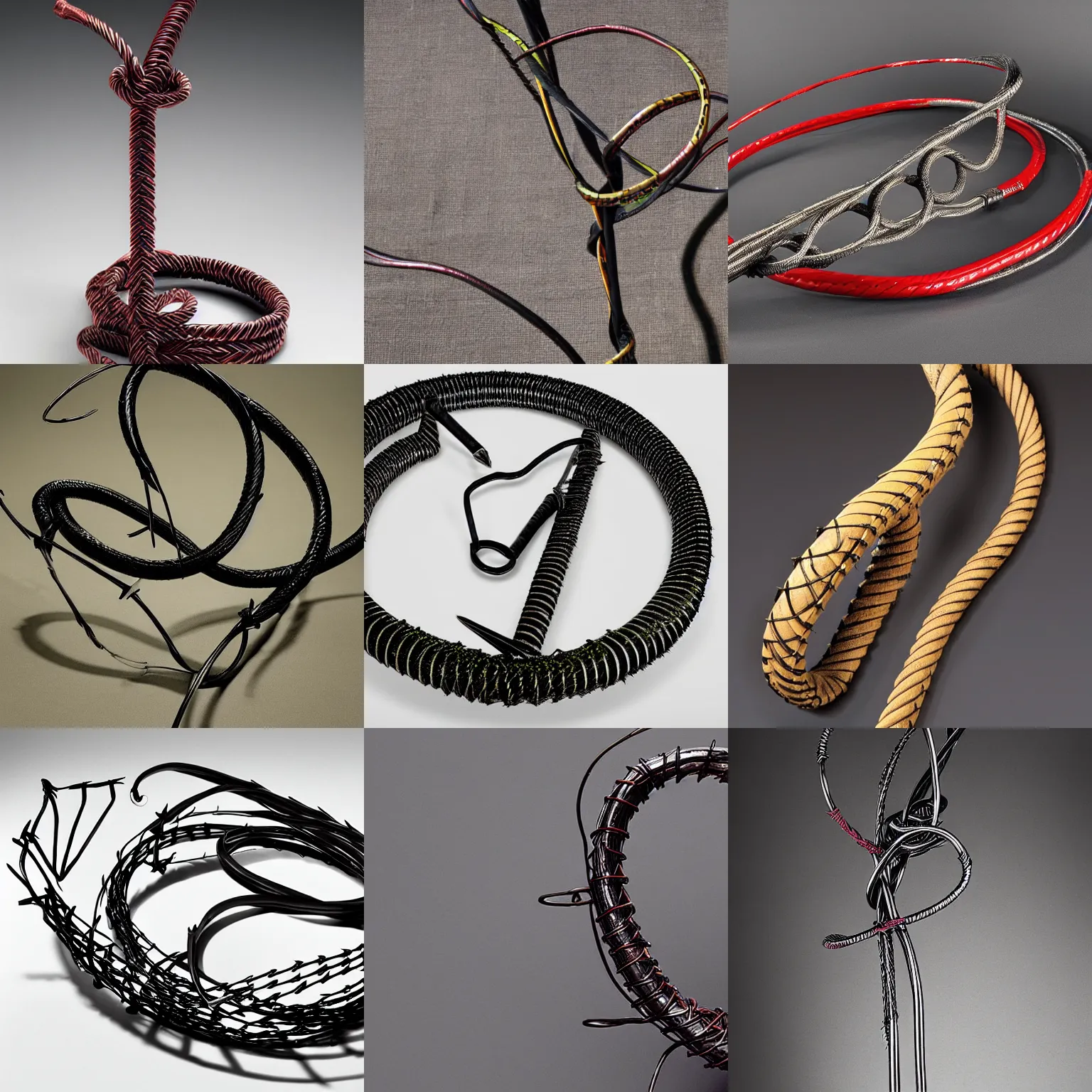 Prompt: barbed wire bullwhip designed by Christian Lacroix