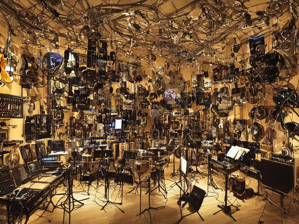 Image similar to an infinite and majestic music studio containing every musical instrument in existence but the instruments become cybernetic creatures