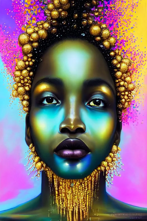 Image similar to hyperrealistic precisionist cinematic profile very expressive! black oshun goddess, in water! up to shoulders, mirror dripping droplet!, gold flowers, highly detailed face, digital art masterpiece, smooth eric zener cam de leon, dramatic pearlescent turquoise light on one side, low angle uhd 8 k, shallow depth of field