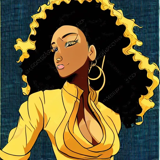 Image similar to black woman with a gold afro in anime style, highly detailed, sharp colors