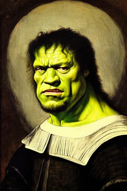 Prompt: high quality celebrity portrait of incredible hulk, painted by the old dutch masters, rembrandt, hieronymous bosch, frans hals, symmetrical detail