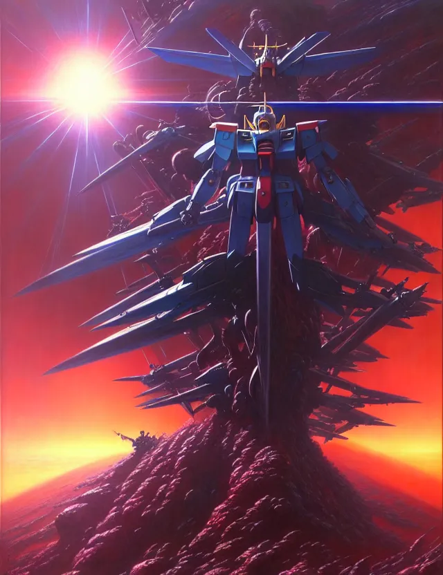 Image similar to gundam, wayne barlowe, bruce pennington, donato giancola, trending on artstation, cinematic composition, beautiful lighting, hyper detailed, 8 k, oil on canvas